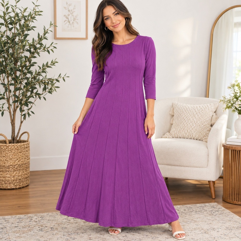 Blair Purple Fit and Flare Seamed Midi Dress Size 8 Three Quarter Sleeve
